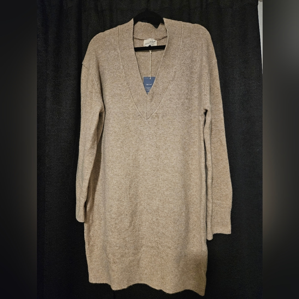 Cozy Tan V-Neck Sweater Dress